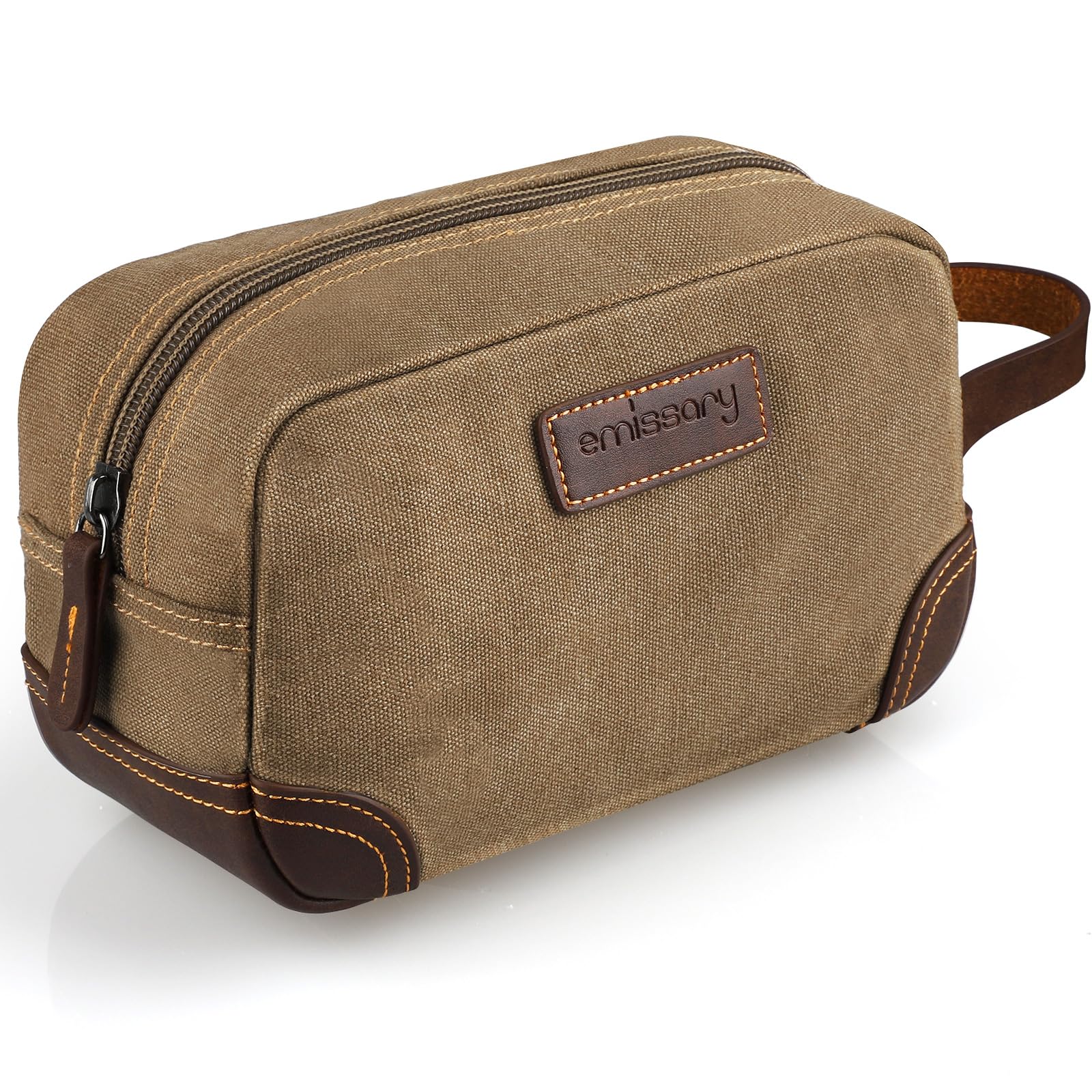 Emissary Dopp Kit front view in brown shows durable canvas and leather for travel.