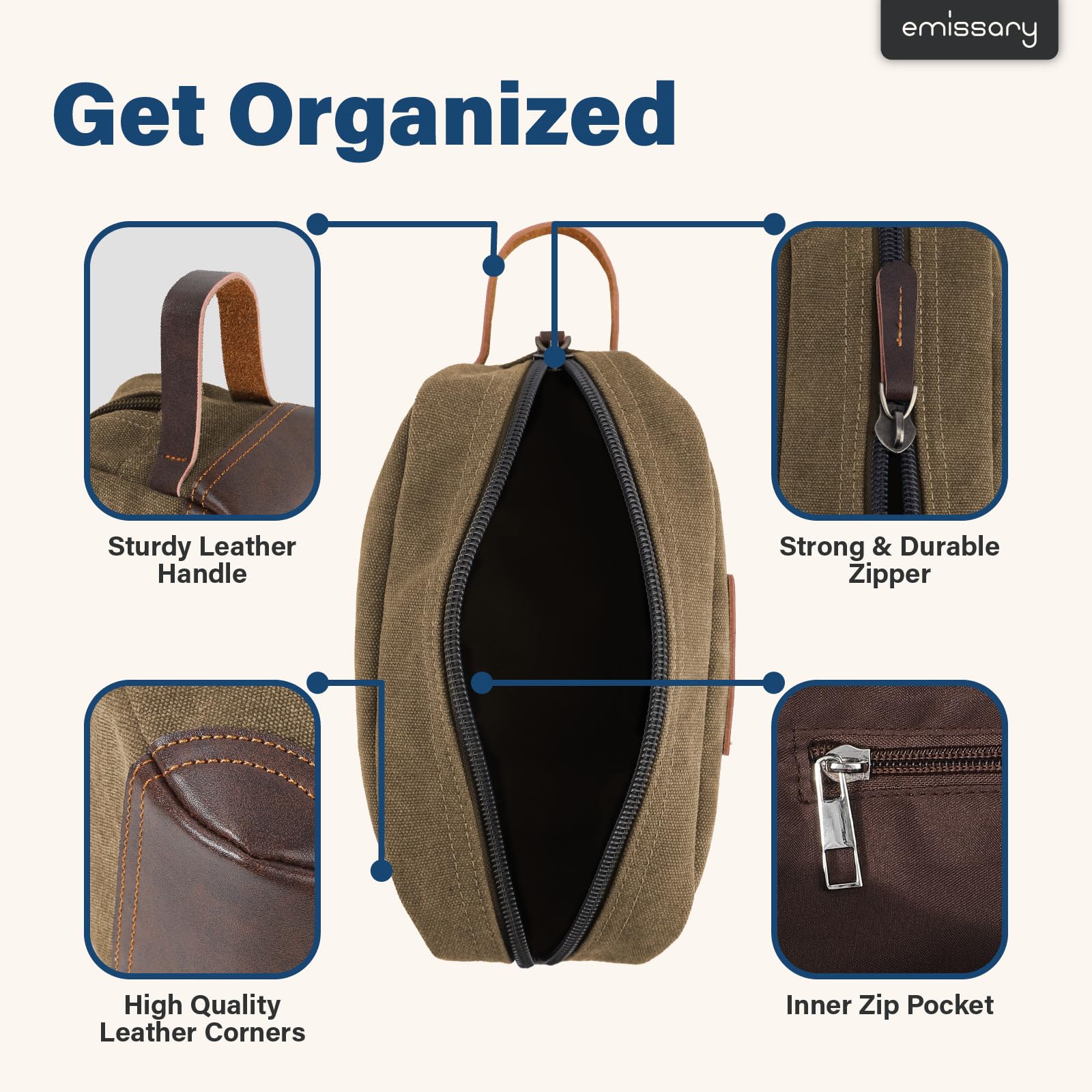 Emissary travel bag with leather side handle highlights easy carrying on journeys.