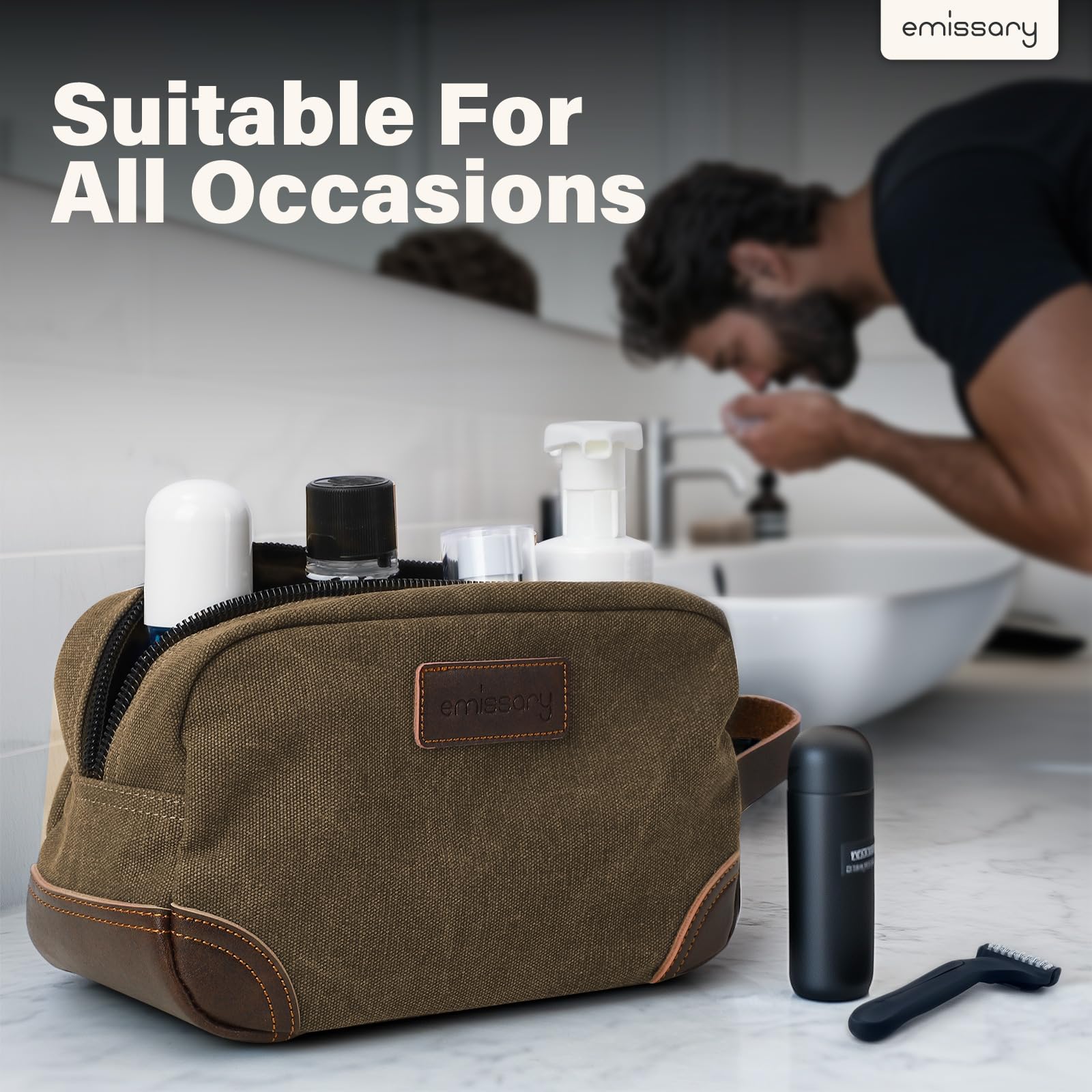 Emissary Dopp Kit size comparison shows generous 4 L capacity.