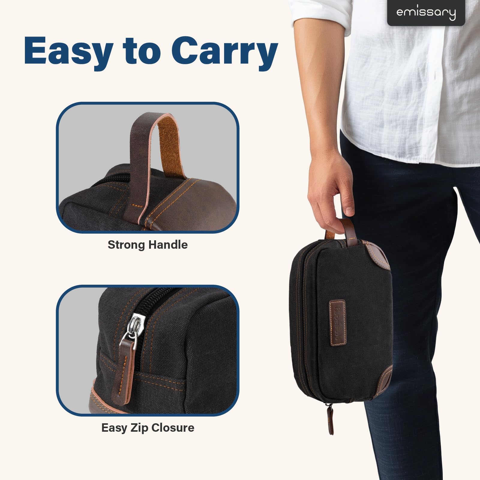Emissary canvas and PU leather close-up for lightweight durability.