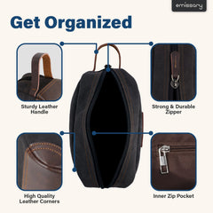 Emissary men's toiletry bag with side handle for easy travel carry.
