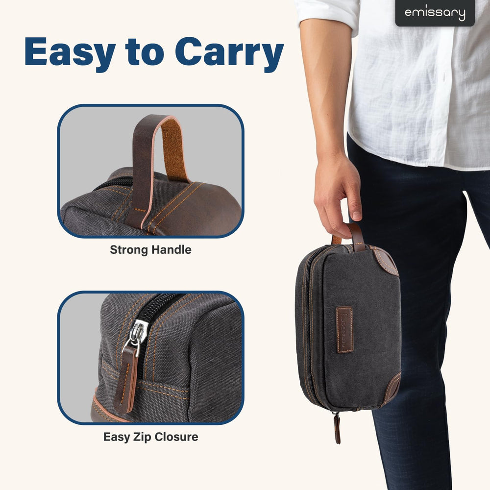 emissary toiletry bag main compartment highlights space for shampoo and bottles
