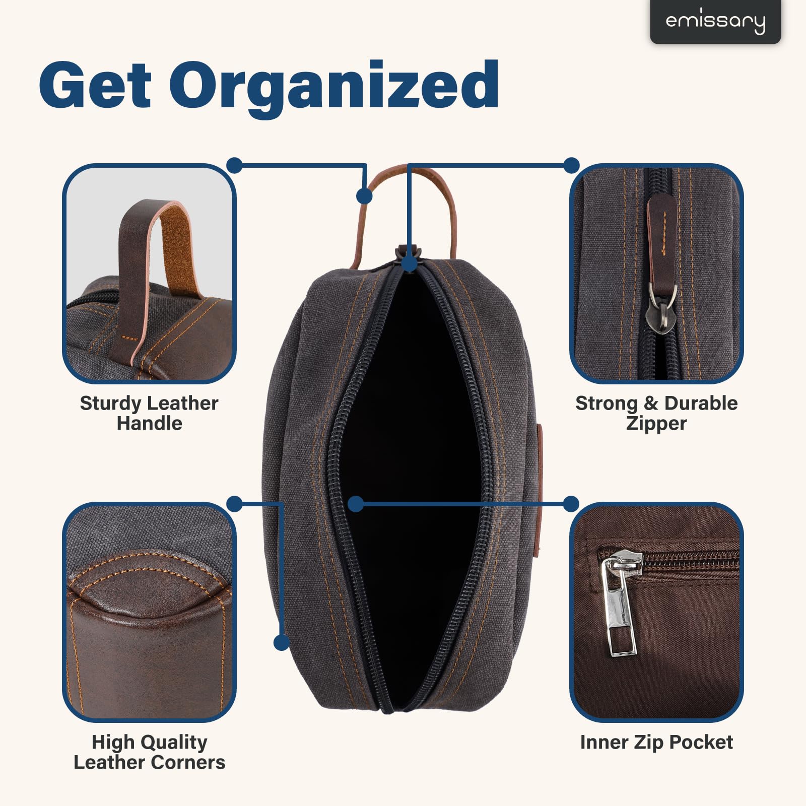 emissary toiletry bag water-resistant coating protects contents in wet environments