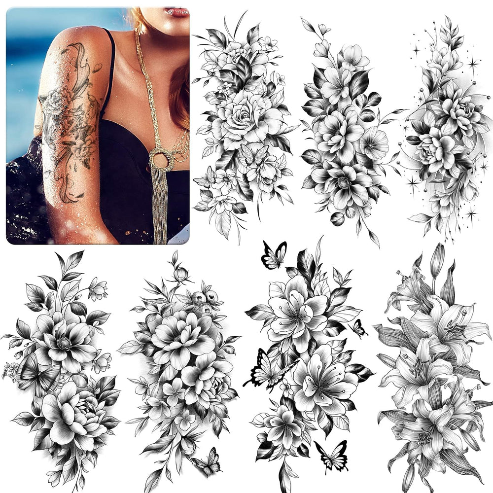 EMOME 12-sheets sexy temporary tattoos on the arm offer a realistic floral sleeve look.