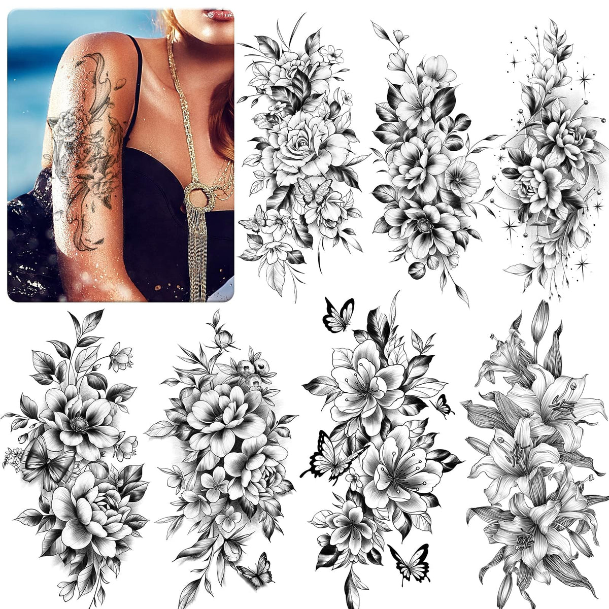 EMOME 12-sheets sexy temporary tattoos on the arm offer a realistic floral sleeve look.