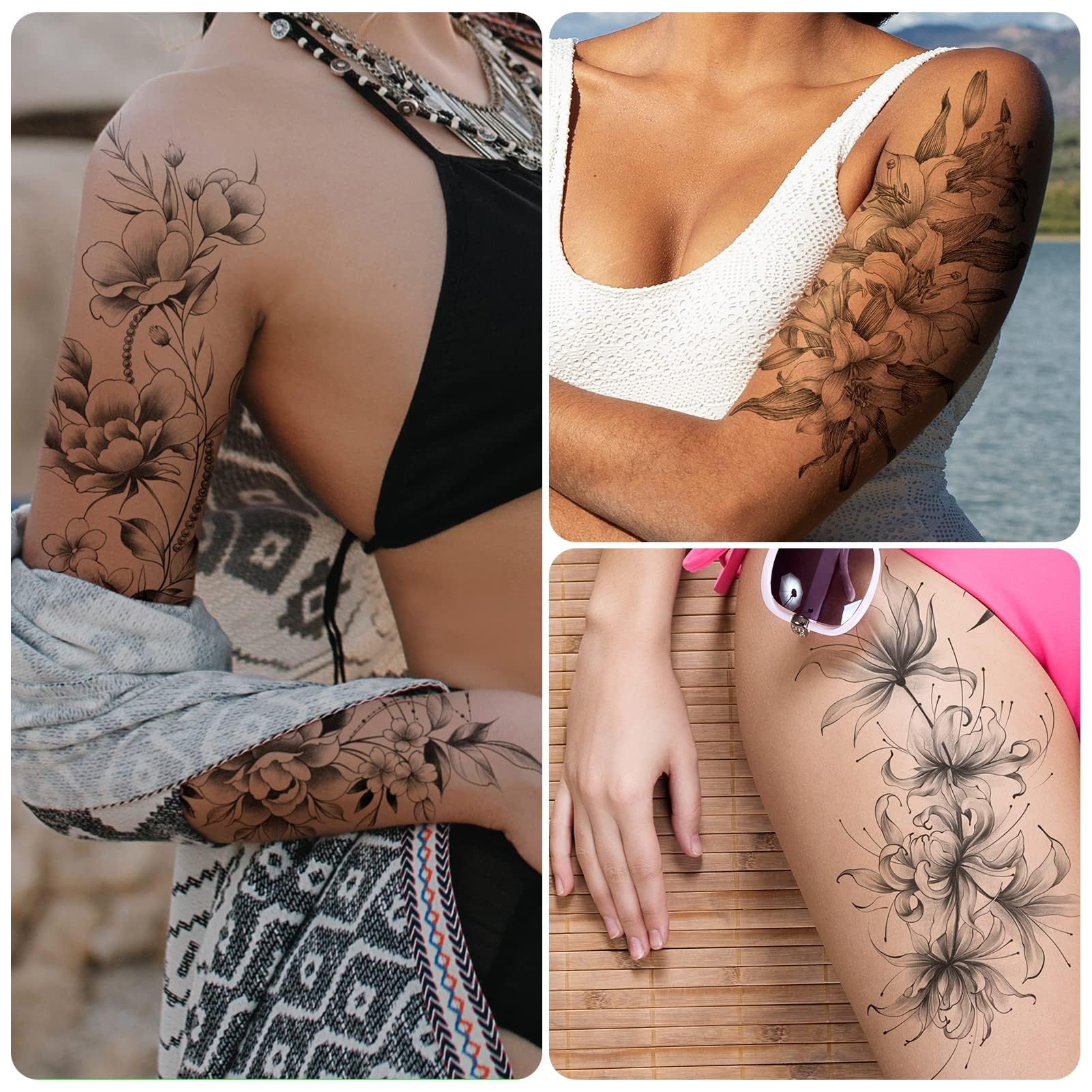 EMOME floral tattoo on leg provides dramatic, waterproof body art for events.