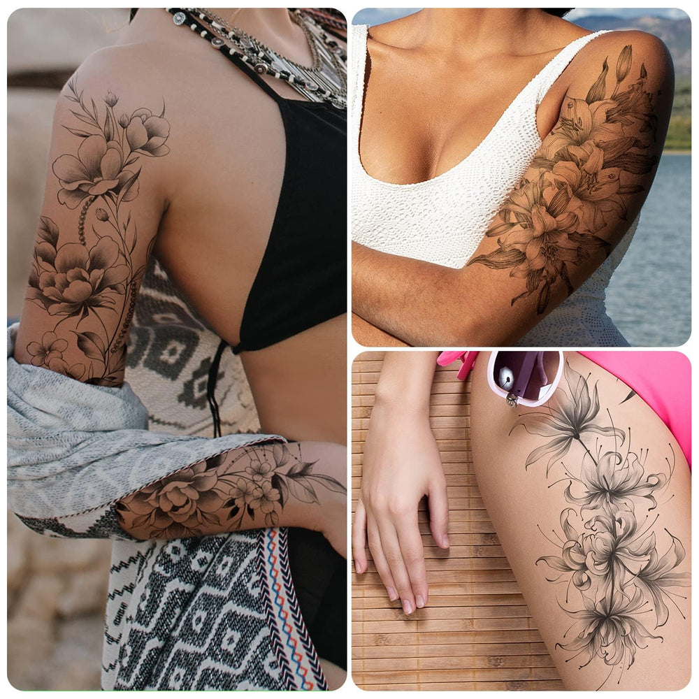 EMOME floral tattoo on leg provides dramatic, waterproof body art for events.