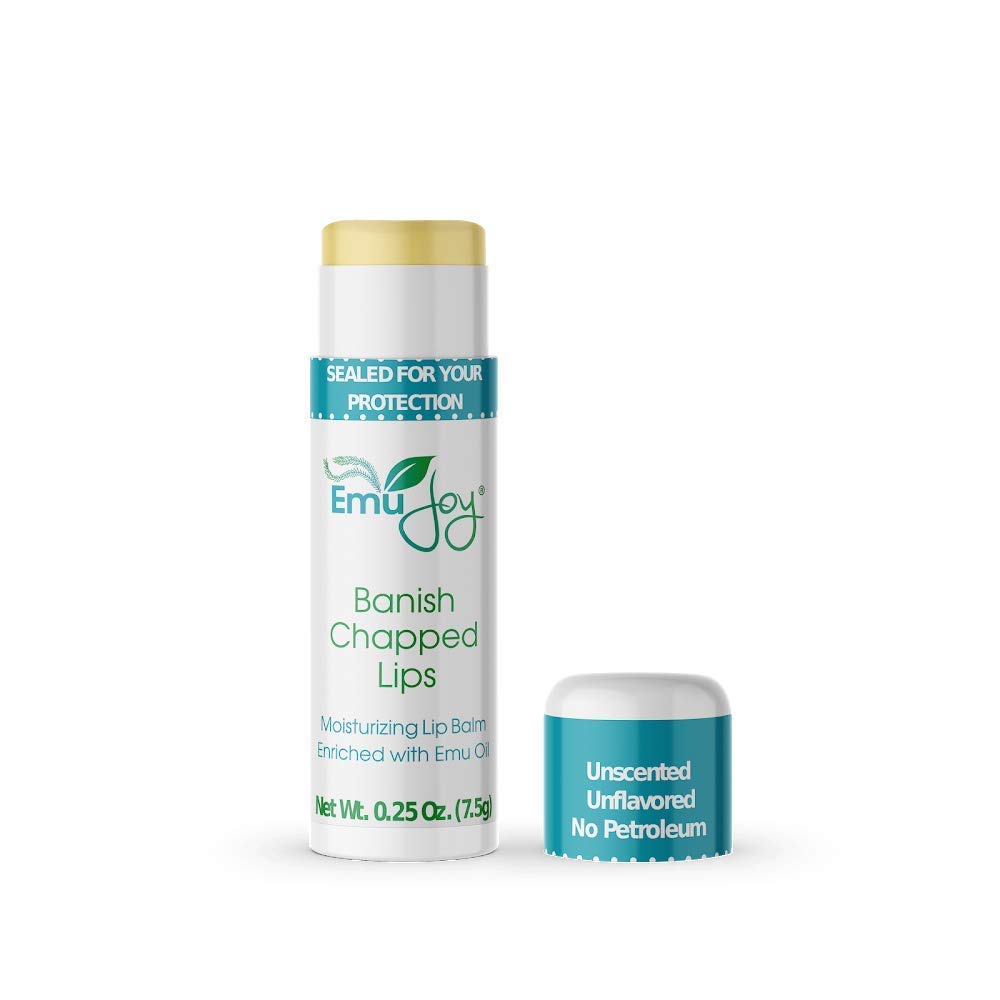 Emu Joy lip balm tube closeup showing fragrance-free, hydrating lip care.