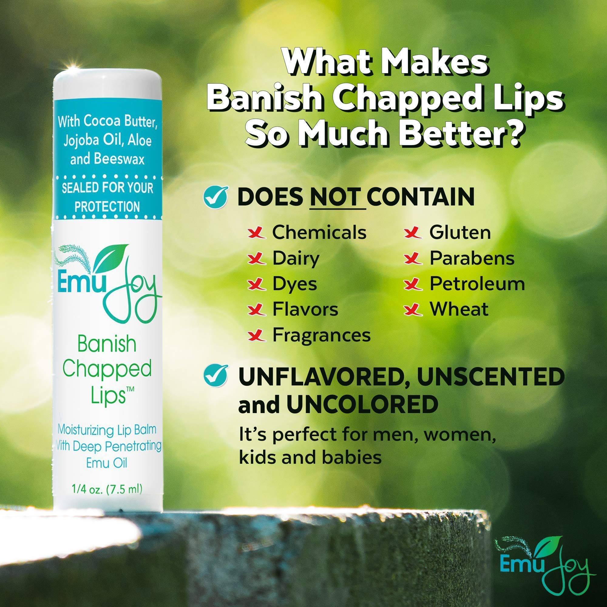 Emu Joy unscented lip balm texture ready for on-the-go application.