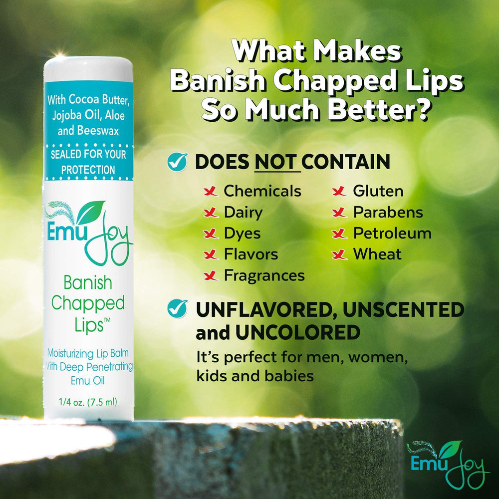 Emu Joy unscented lip balm texture ready for on-the-go application.