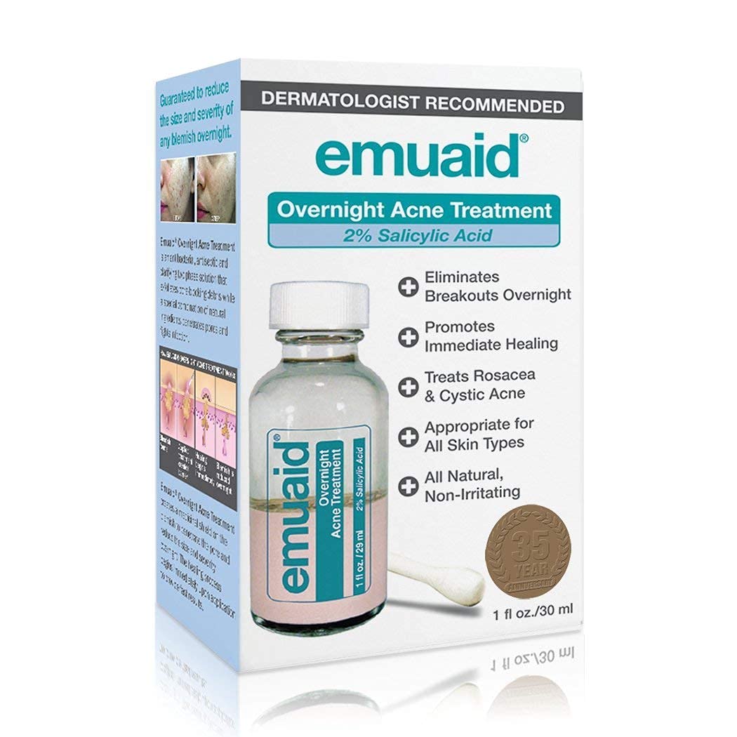 EMUAID overnight acne treatment bottle close-up highlighting premium formula for clearer skin