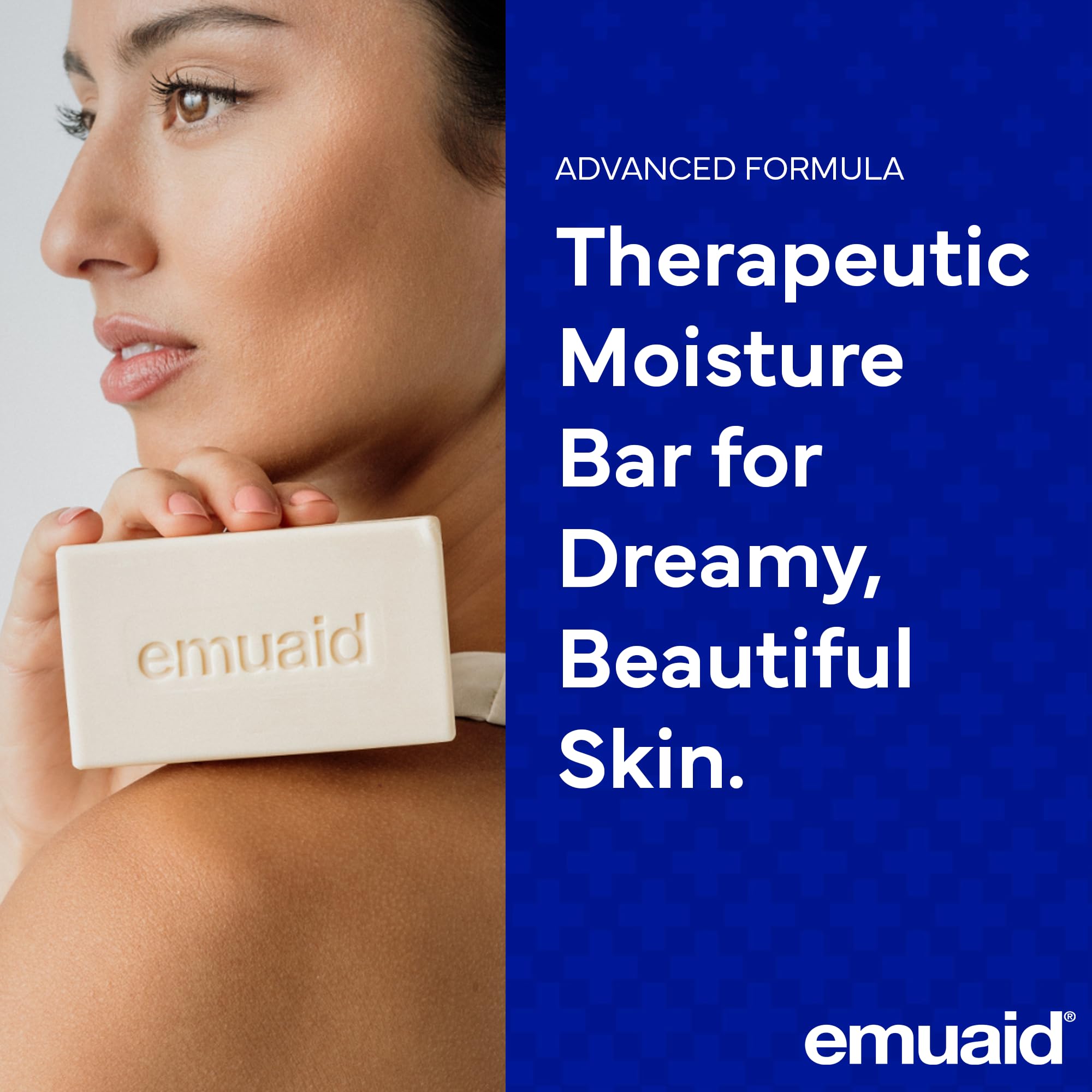emuaid Therapeutic Moisture Bar slice closeup reveals triple-milled texture for gentle cleansing.