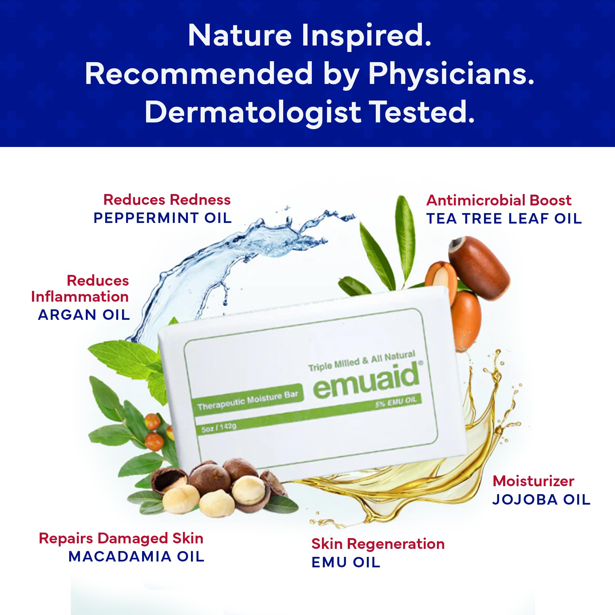 emuaid Therapeutic Moisture Bar tea-tree-oil-drop signals refreshing scent and skin-soothing cleansing.