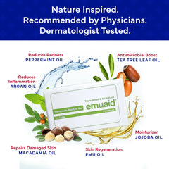 emuaid Therapeutic Moisture Bar tea-tree-oil-drop signals refreshing scent and skin-soothing cleansing.