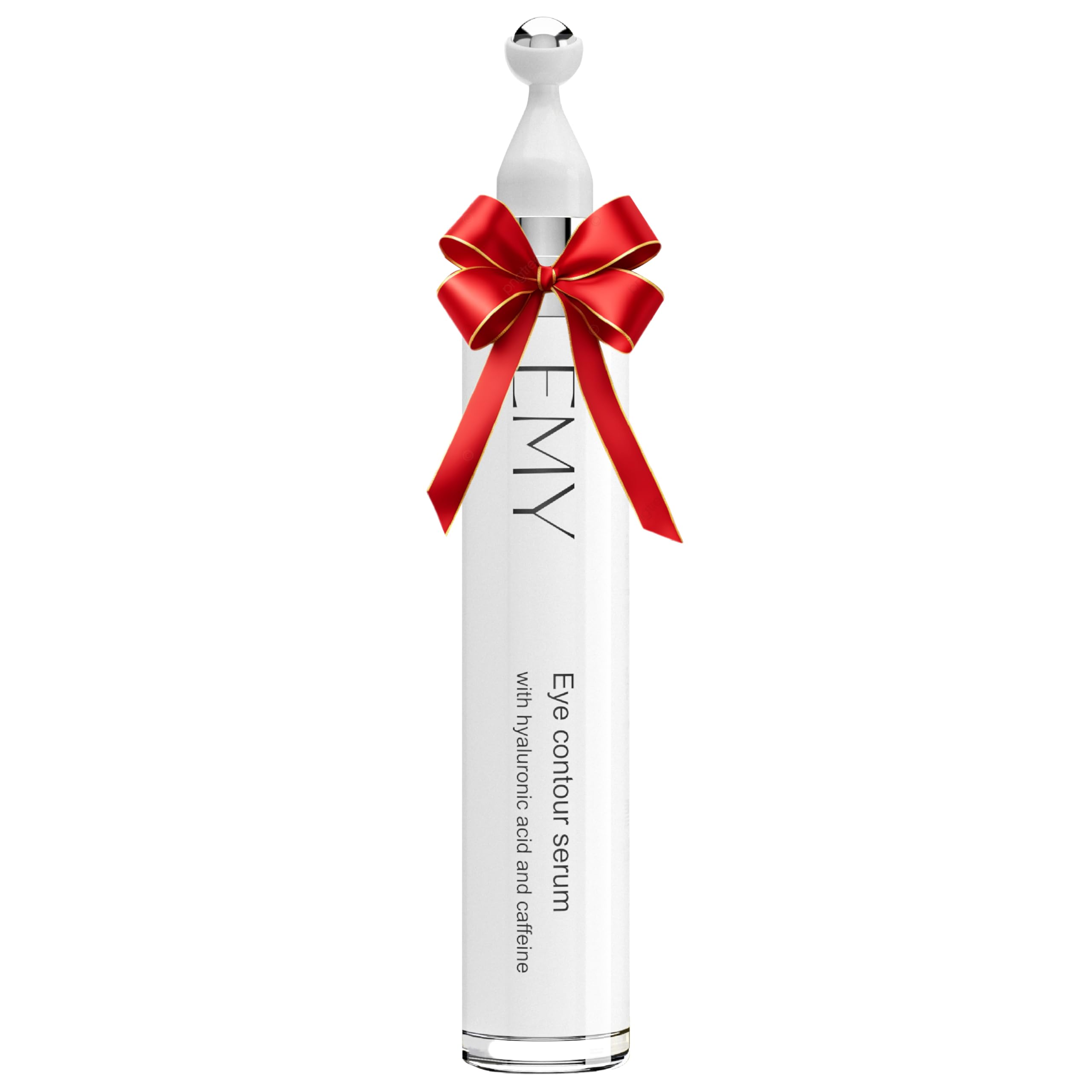EMY Eye Roller Serum bottle showing caffeine and hyaluronic acid for a refreshed under-eye look.