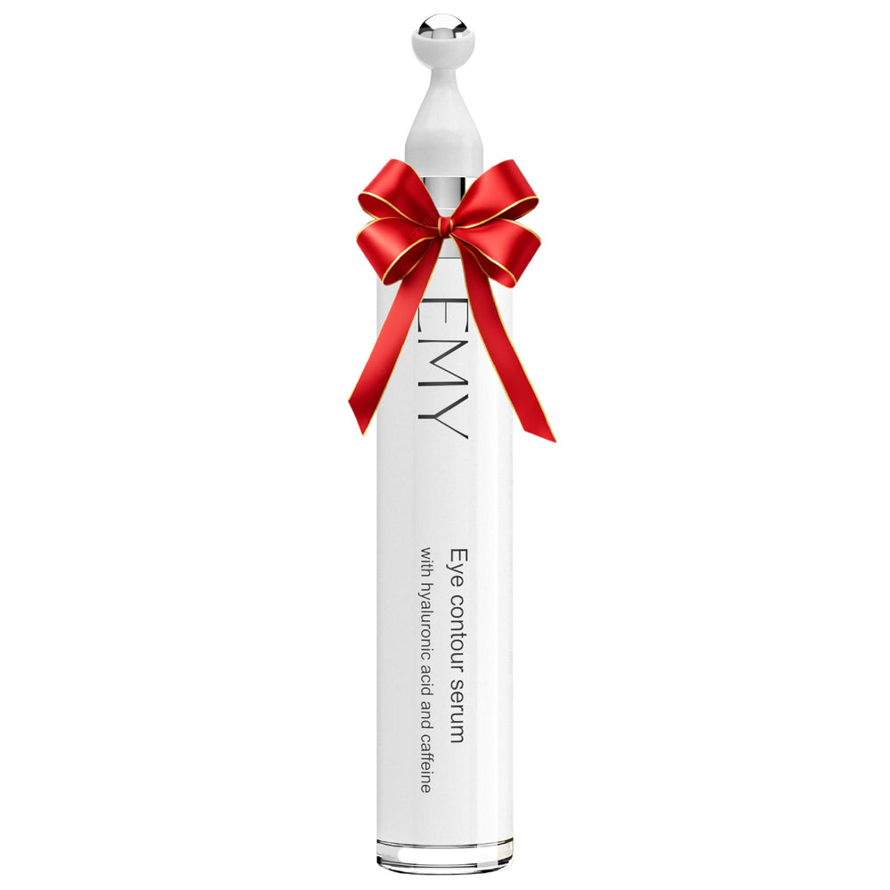 EMY Eye Roller Serum bottle showing caffeine and hyaluronic acid for a refreshed under-eye look.