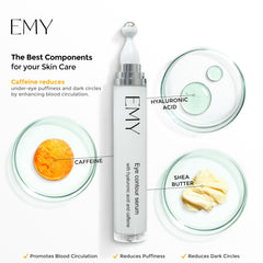 EMY Eye Roller Serum cooling steel ball applying hydration to under-eye skin.
