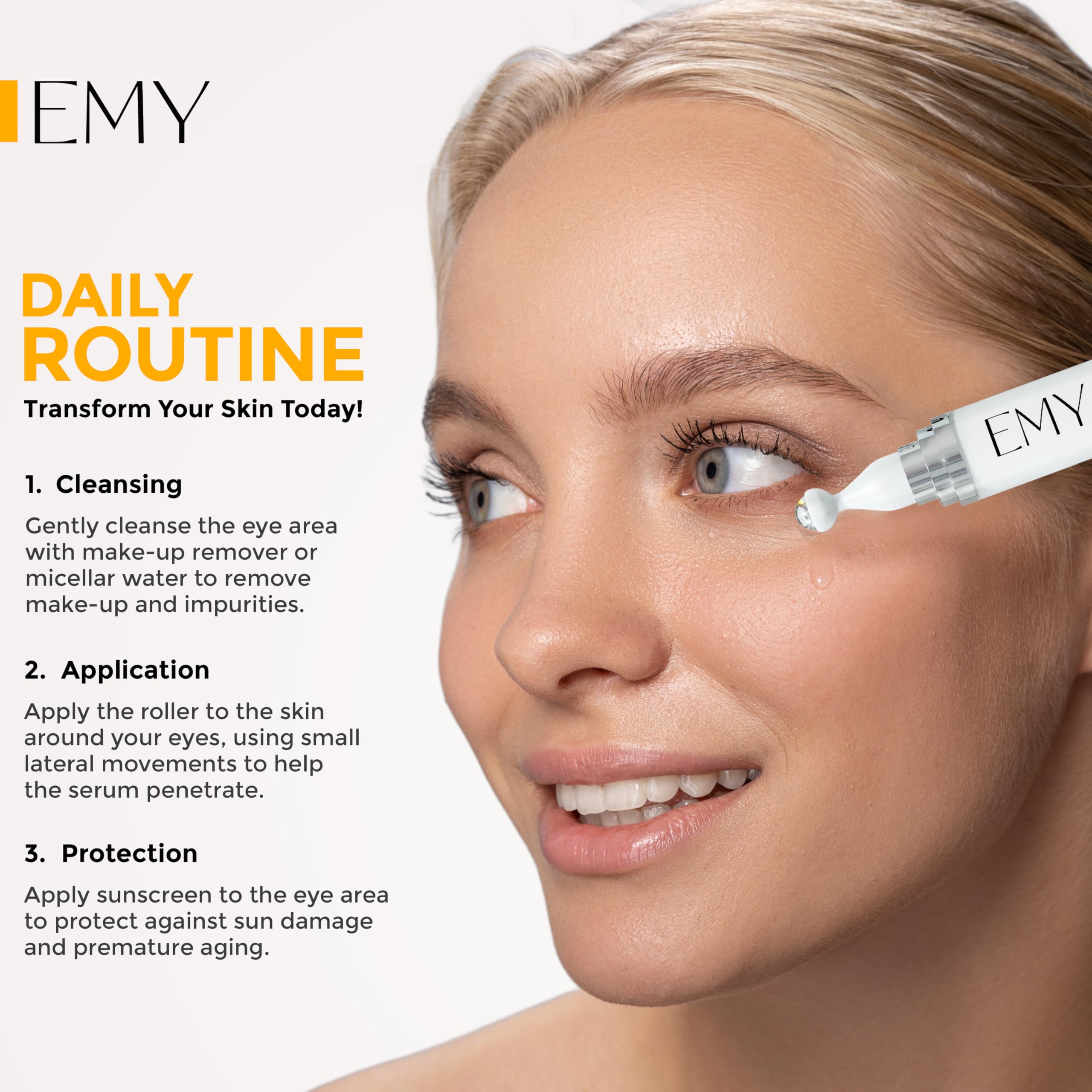 EMY Eye Roller Serum packaging and label highlighting cooling and fast-absorbing properties.