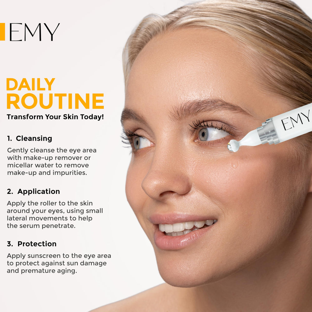EMY Eye Roller Serum packaging and label highlighting cooling and fast-absorbing properties.