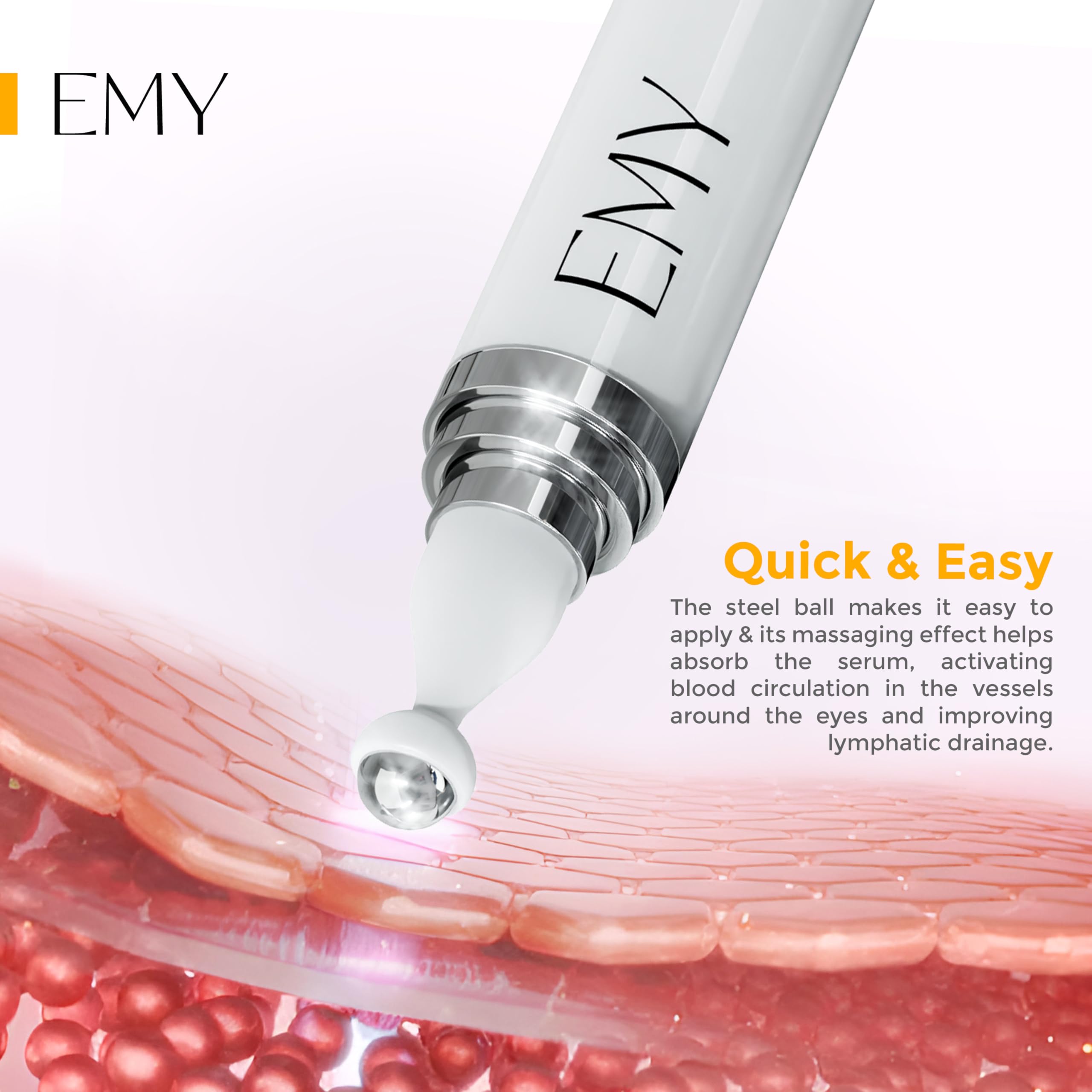 EMY Eye Roller Serum swatch on skin demonstrating hydrating, plumping effect.