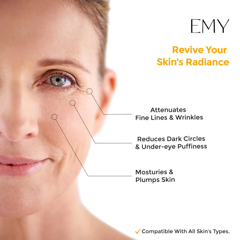 EMY Eye Roller Serum under-eye closeup shows smooth, hydrated skin.