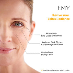 EMY Eye Roller Serum under-eye closeup shows smooth, hydrated skin.