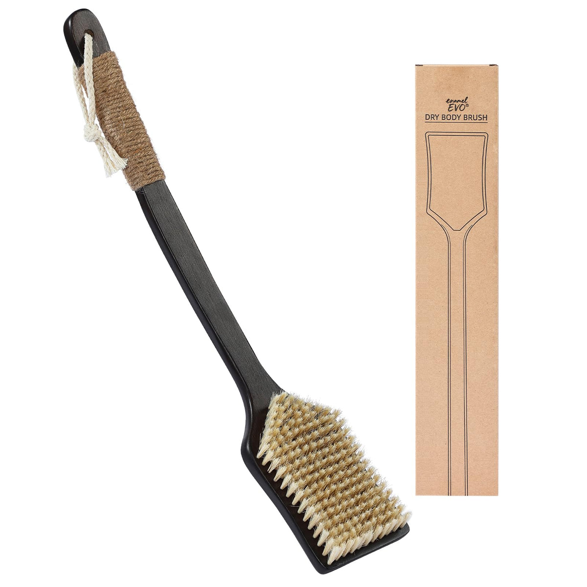 EnamelEVO back-scrubber brush head close-up highlighting stiff boar bristles for exfoliation