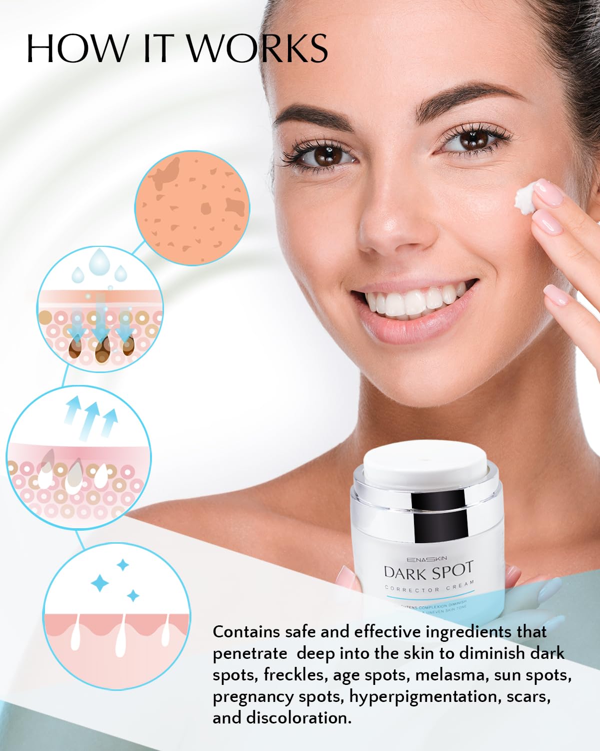 EnaSkin dark spot remover for body areas demonstrates multi-area use on elbows and knees.
