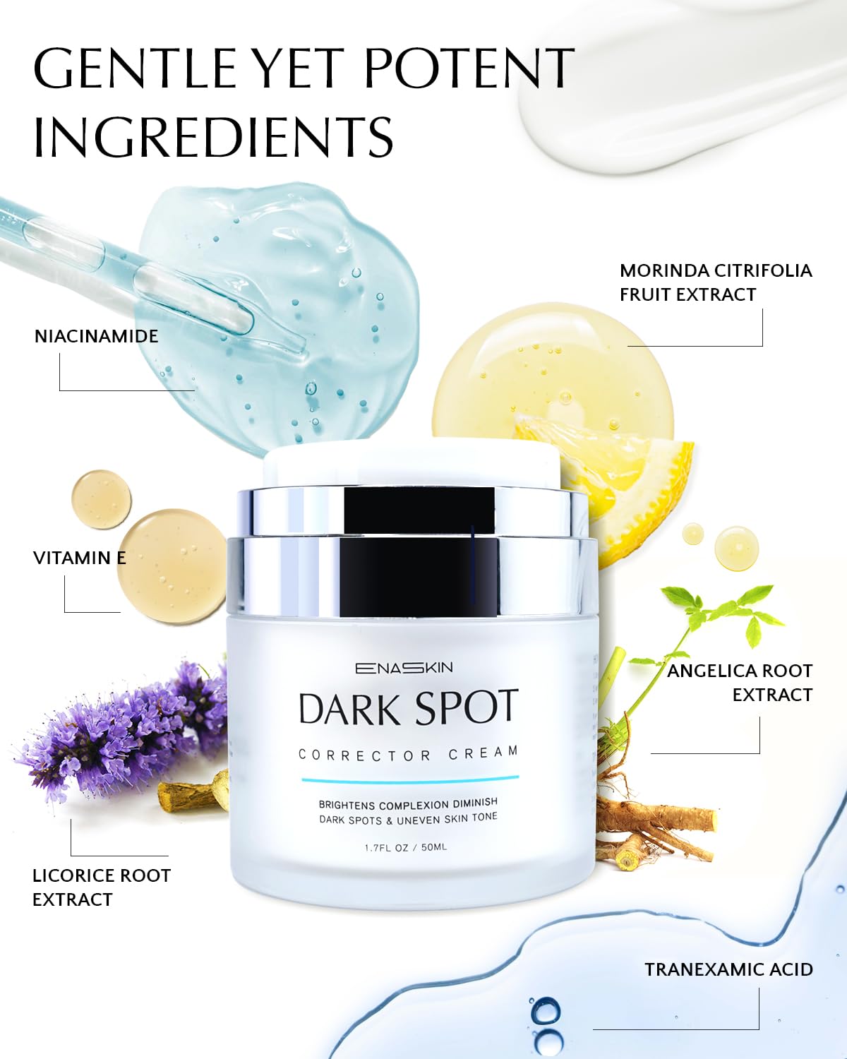EnaSkin dark spot remover ingredients table highlights niacinamide and alpha-arbutin for brightening.