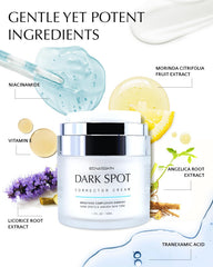 EnaSkin dark spot remover ingredients table highlights niacinamide and alpha-arbutin for brightening.