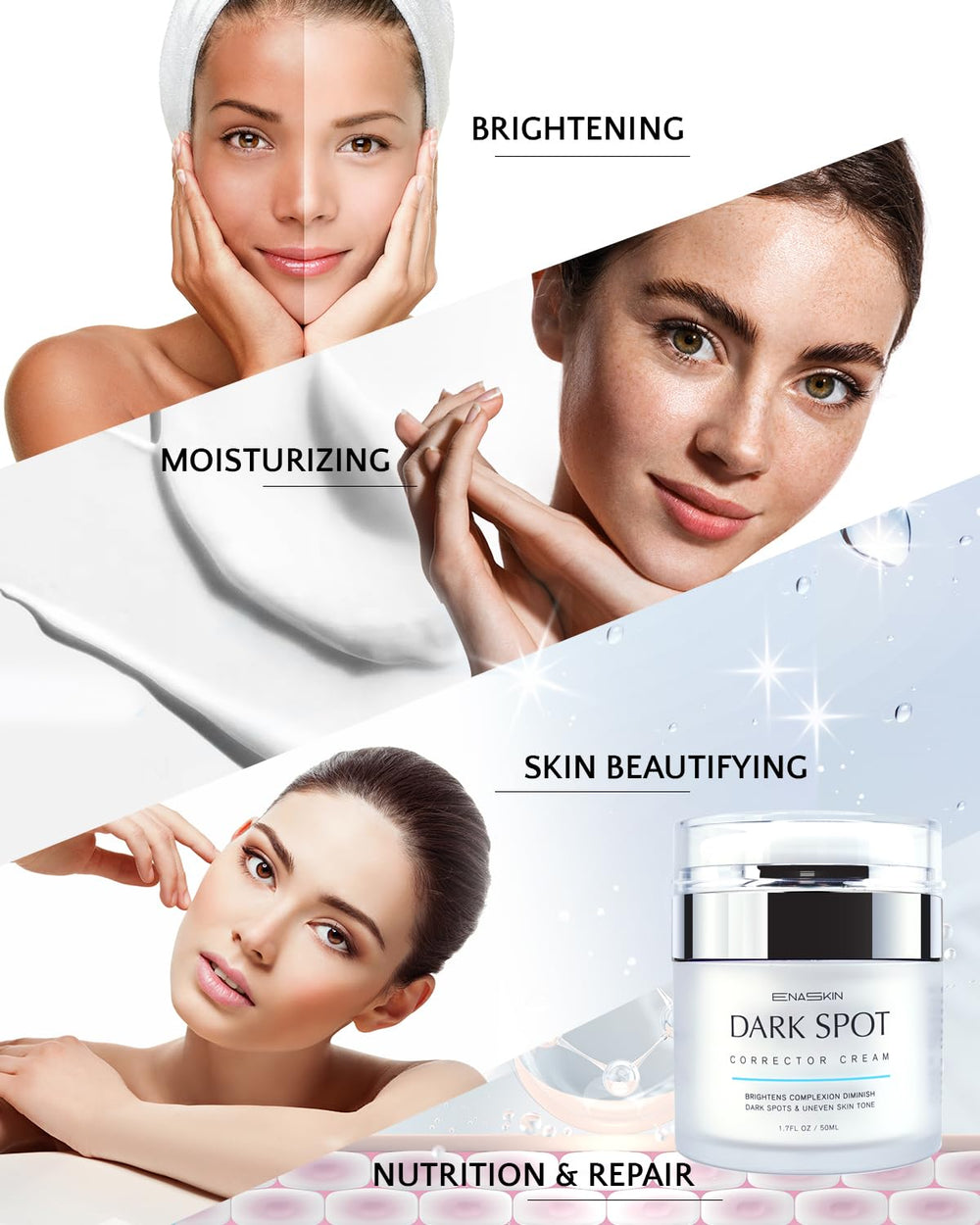 EnaSkin dark spot remover morning routine shot shows simple cleanse-apply-massage steps.