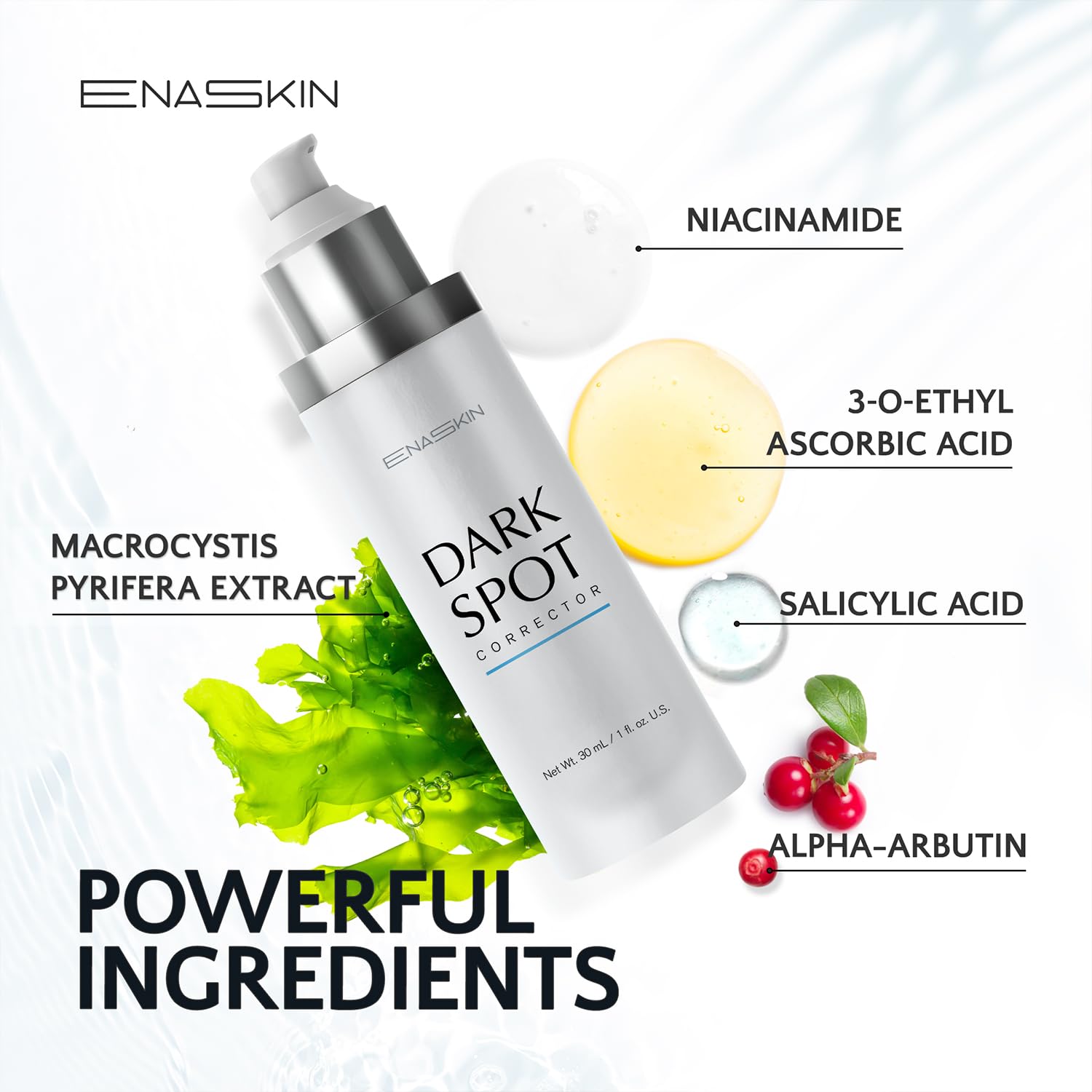 EnaSkin Dark Spot Serum ingredient panel highlights Niacinamide and TXA