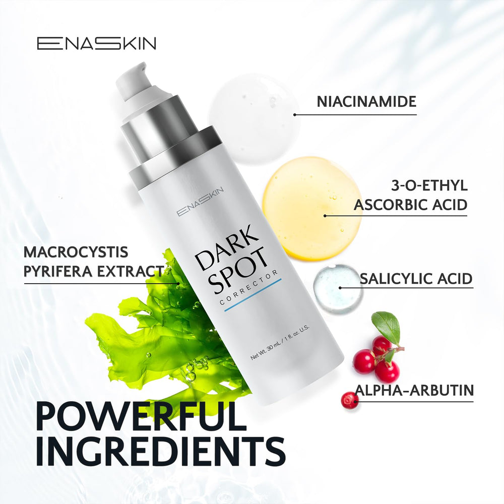 EnaSkin Dark Spot Serum ingredient panel highlights Niacinamide and TXA