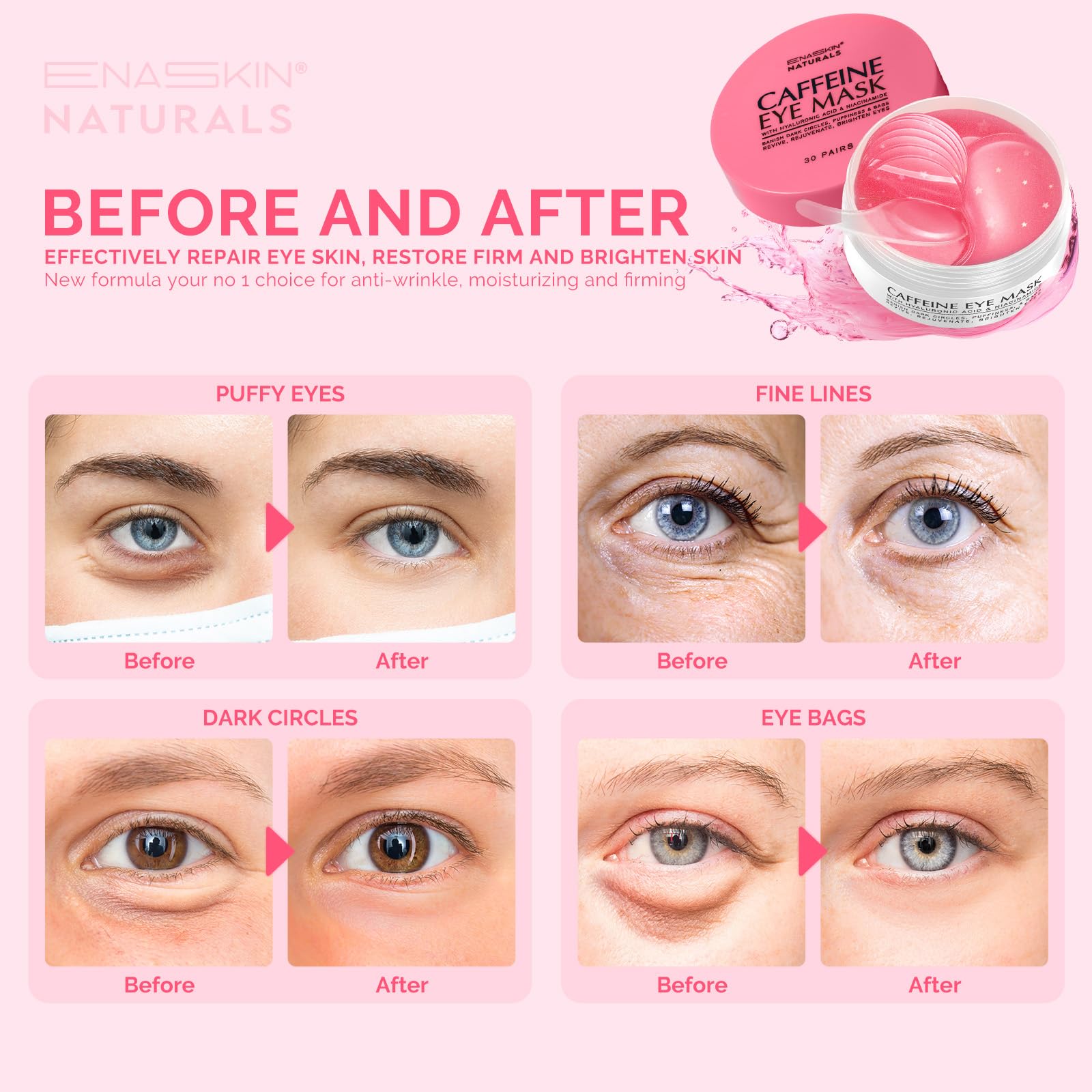 Enaskin Naturals caffeine gel mask patch applied to under-eye area for wakeful appearance.