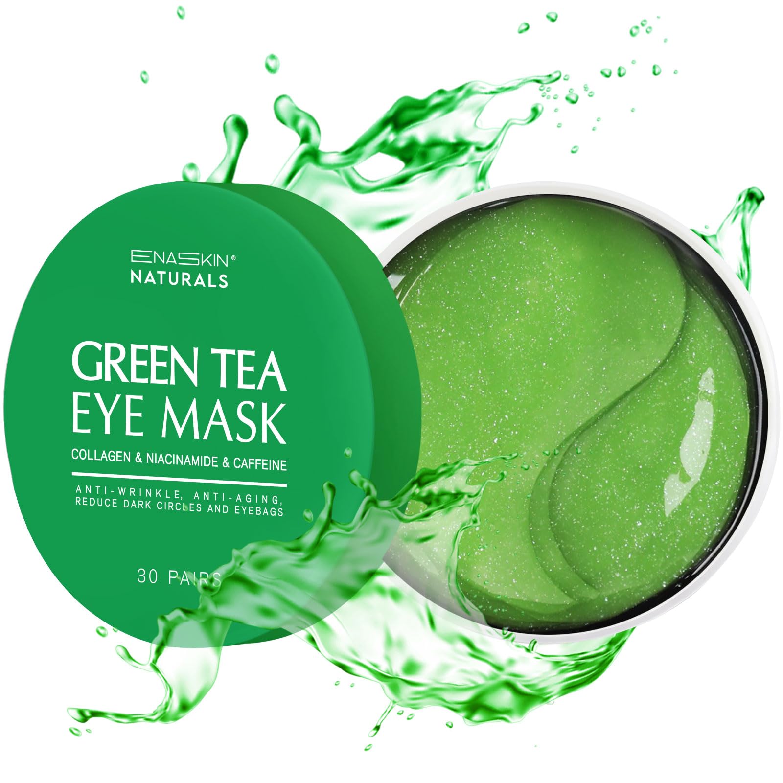 Enaskin Naturals green tea eye patches pack showing 30 pairs for dark circles and puffiness.