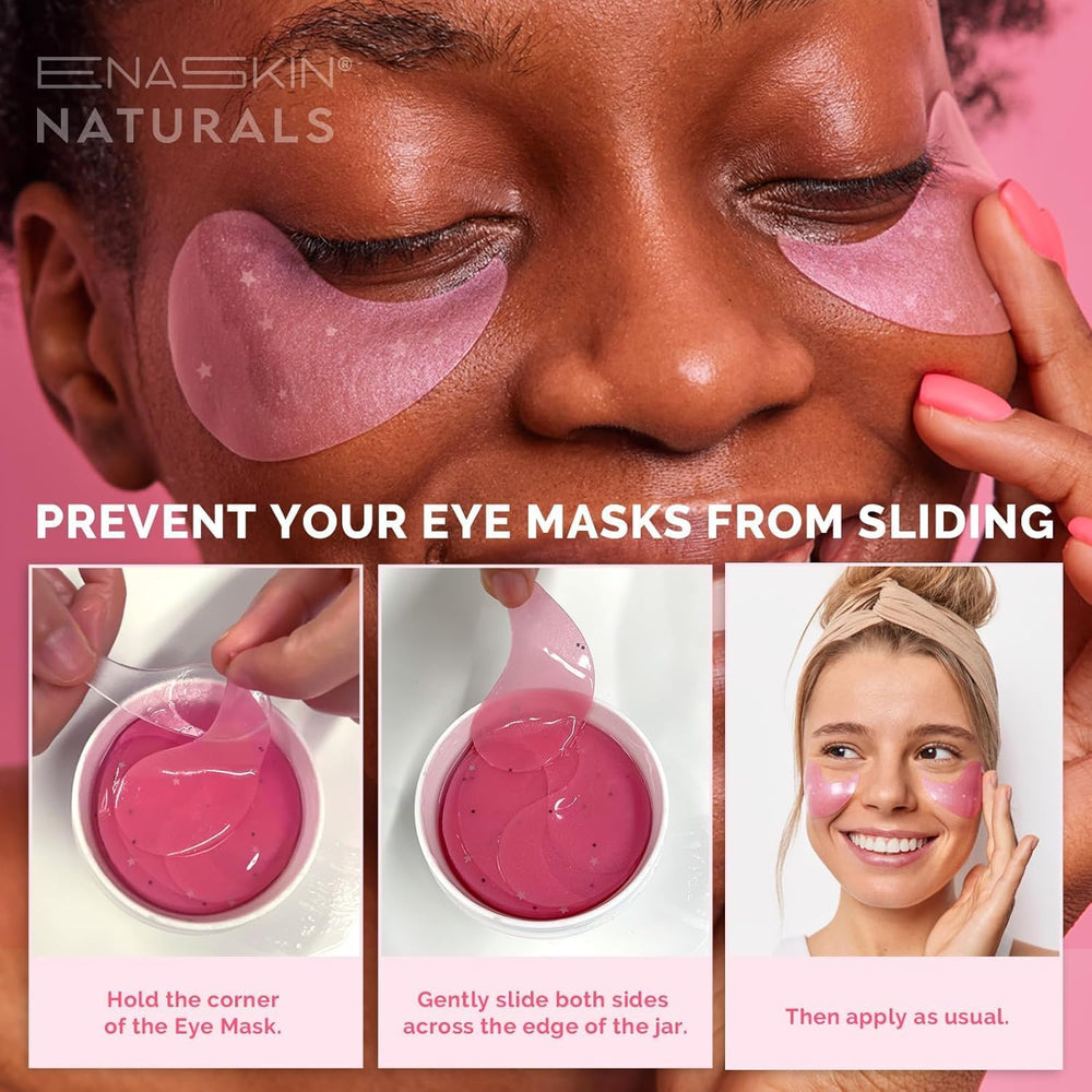 Enaskin Naturals rose eye patches being applied for refreshed morning look and puffy-eye relief.