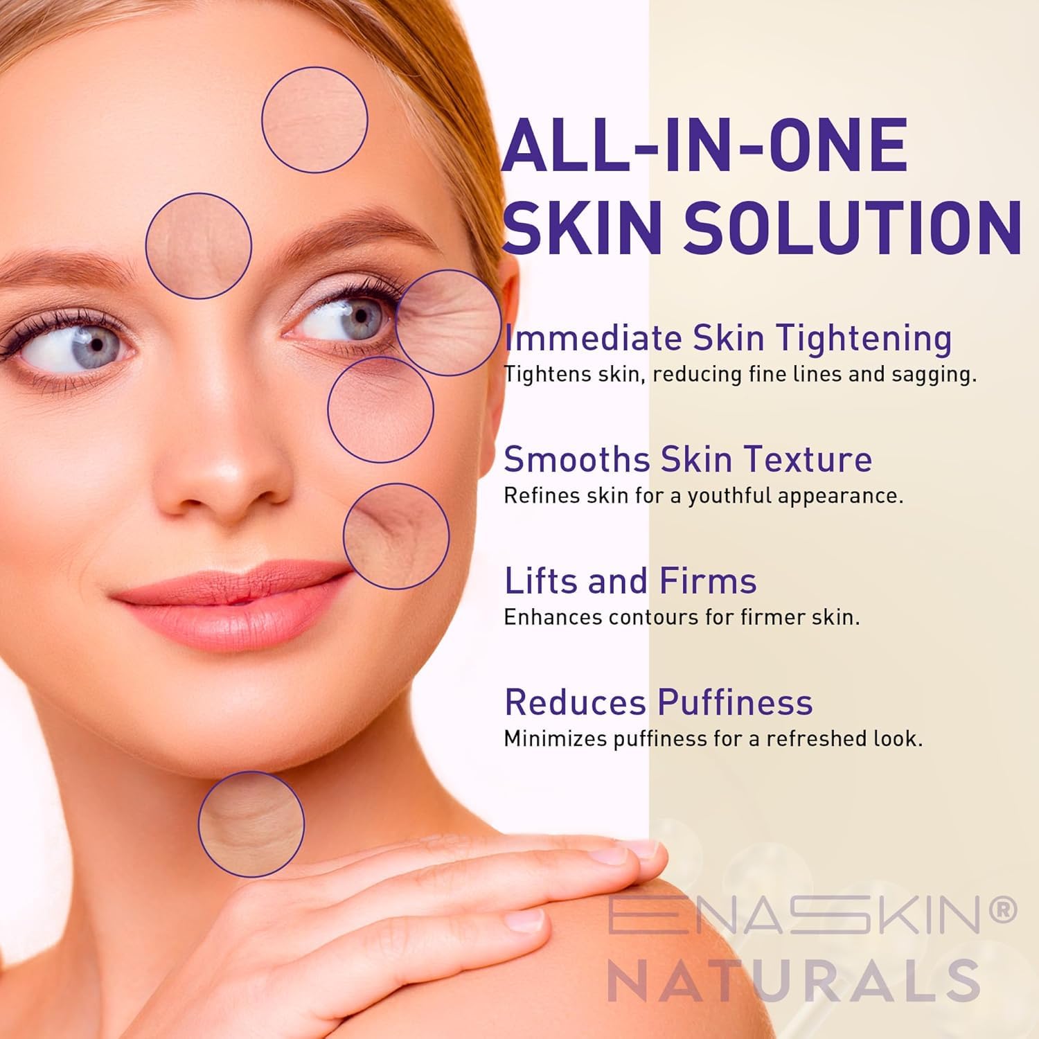 Enaskin Naturals tightener cream texture closeup highlighting silky formula for quick lift