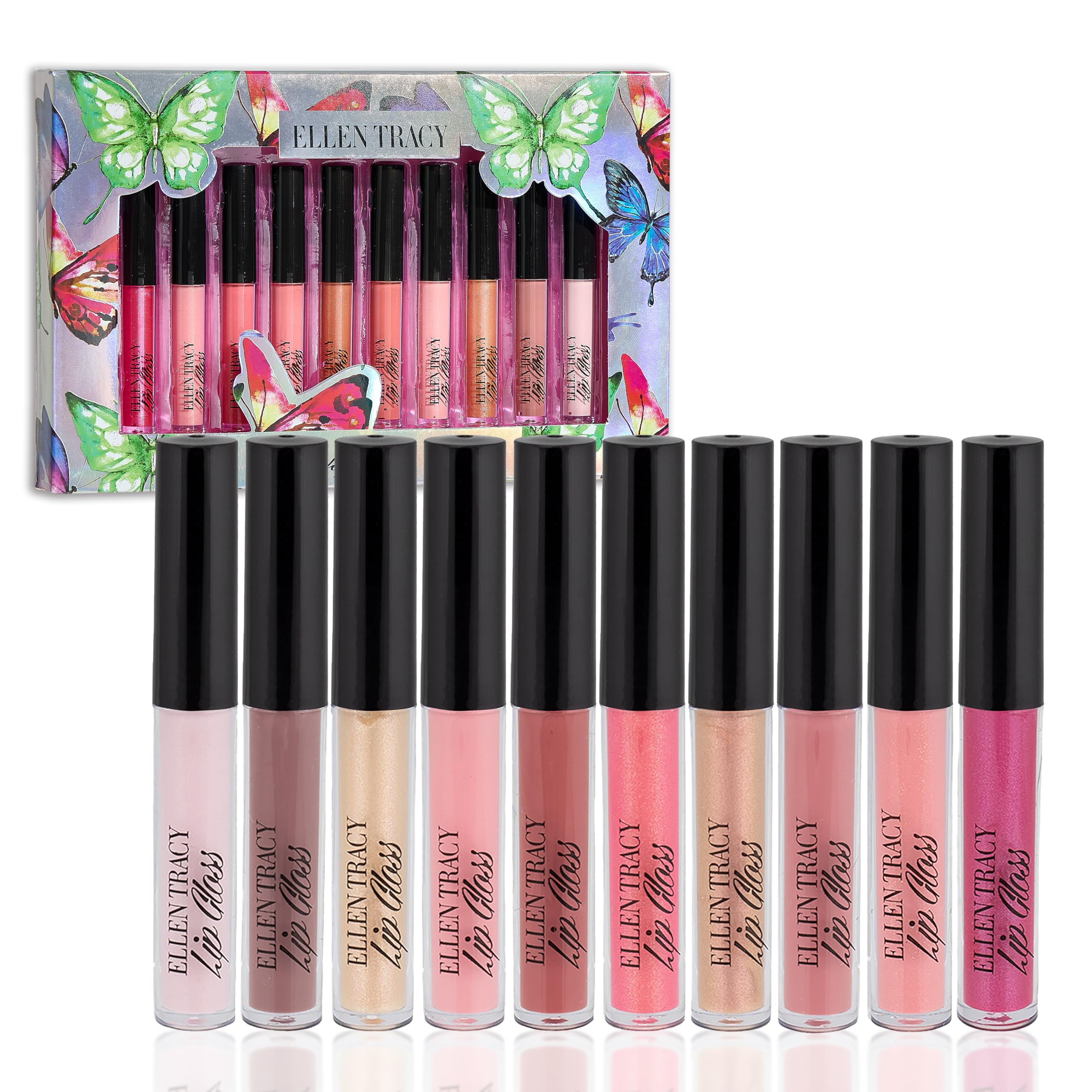 Enchante Ellen Tracy lip gloss collection swatches show radiant shades for versatile looks.