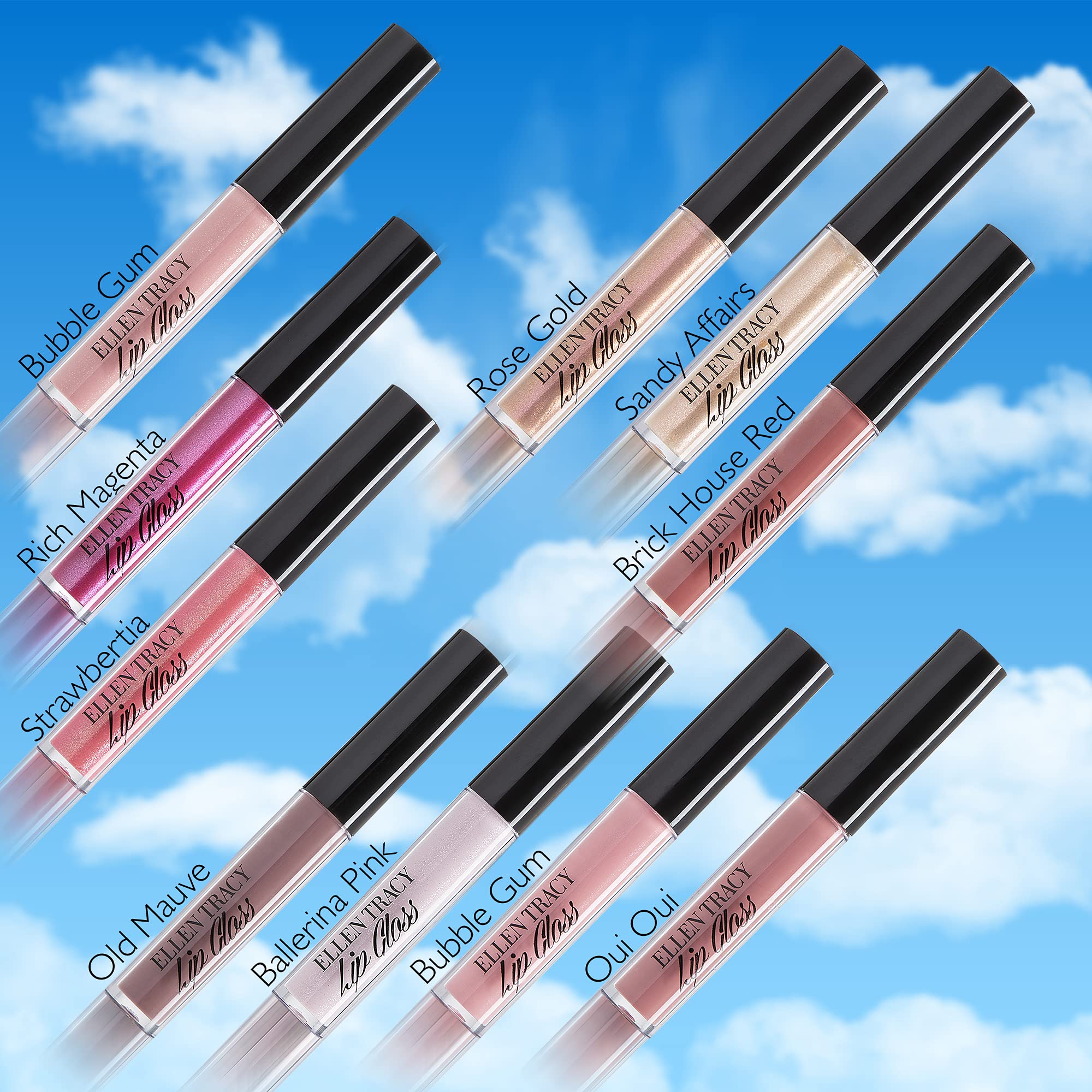 Enchante Ellen Tracy gloss tubes close-up highlighting long-lasting shine.