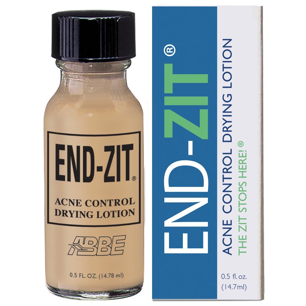 End-zit bottle close-up shows fast-acting acne treatment for clearer skin.
