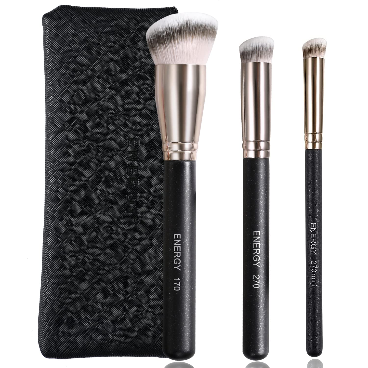 ENERGY 3pcs makeup brush set in case for smooth foundation application.