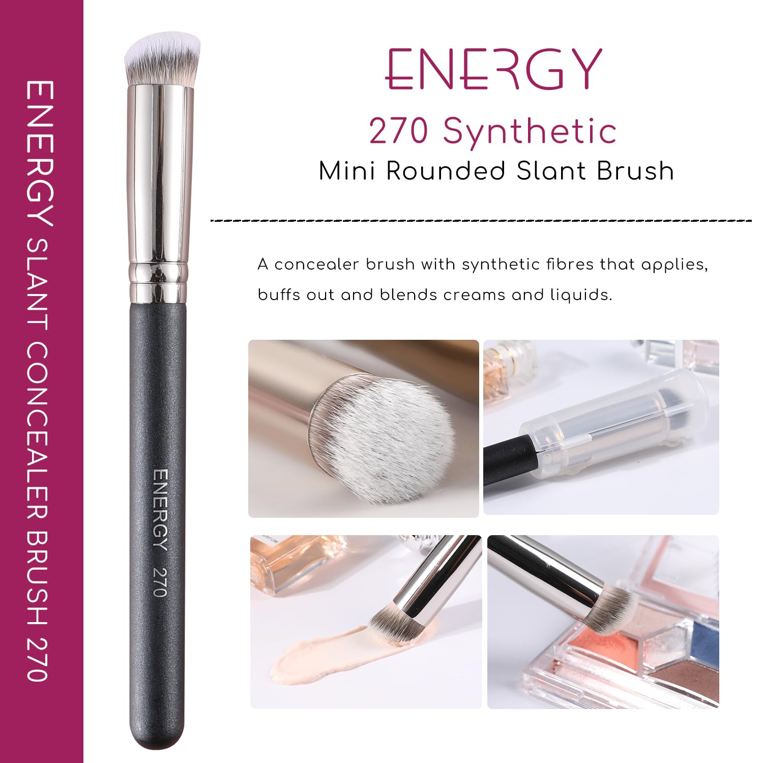 ENERGY Under Eye Concealer Brush in use shows seamless blending of liquid, cream, and powder makeup.