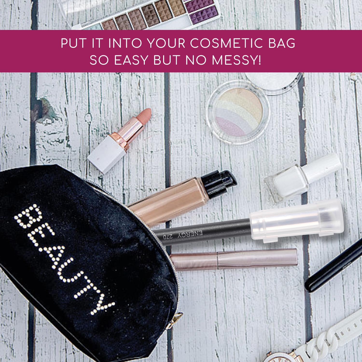 ENERGY Under Eye Concealer Brush with case showcases portable toolkit for on-the-go flawless finish.