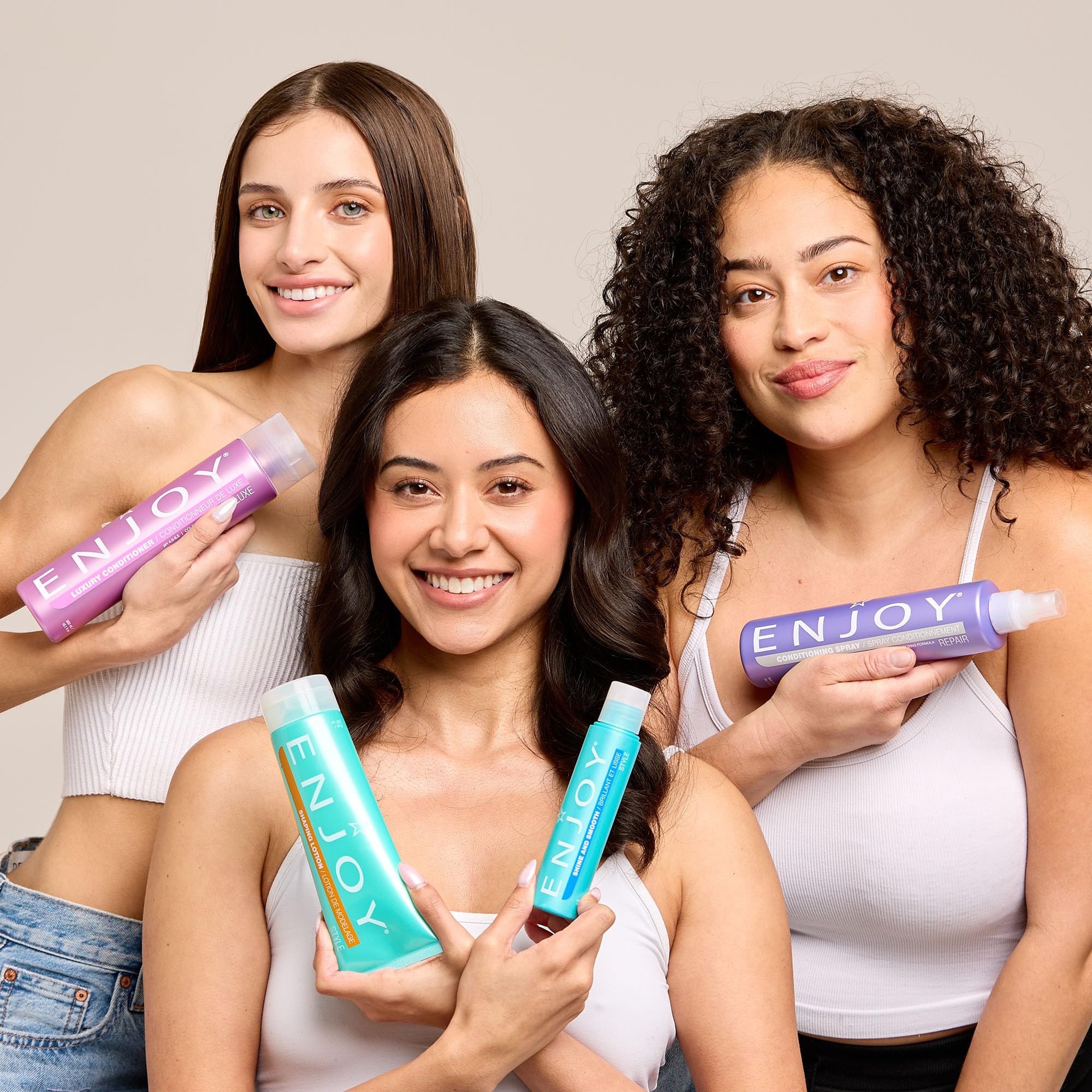 ENJOY Conditioning Spray delivers hair shine and gloss with sustained moisture.