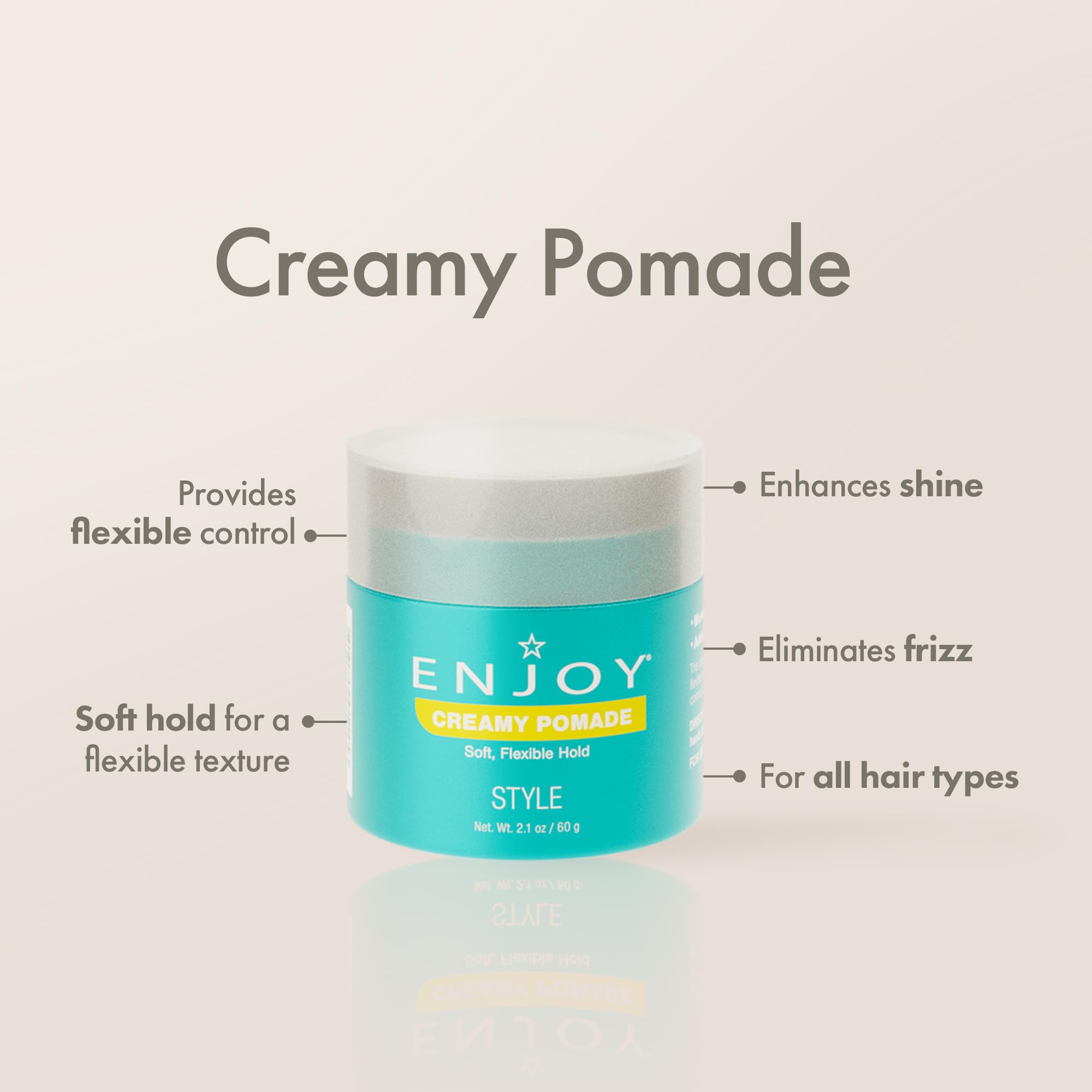 Enjoy Creamy Pomade styling with flexible control illustrates versatile looks.