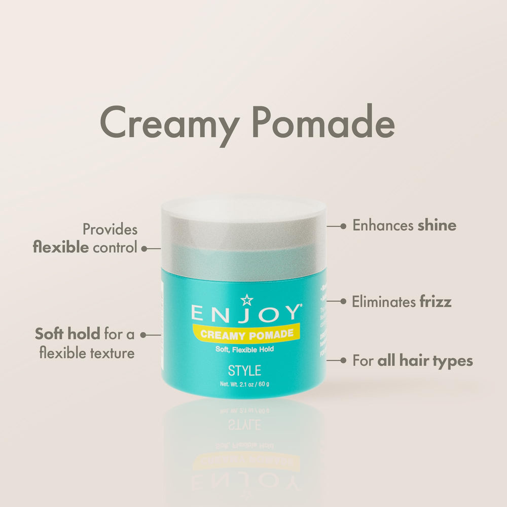 Enjoy Creamy Pomade styling with flexible control illustrates versatile looks.