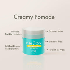 Enjoy Creamy Pomade styling with flexible control illustrates versatile looks.