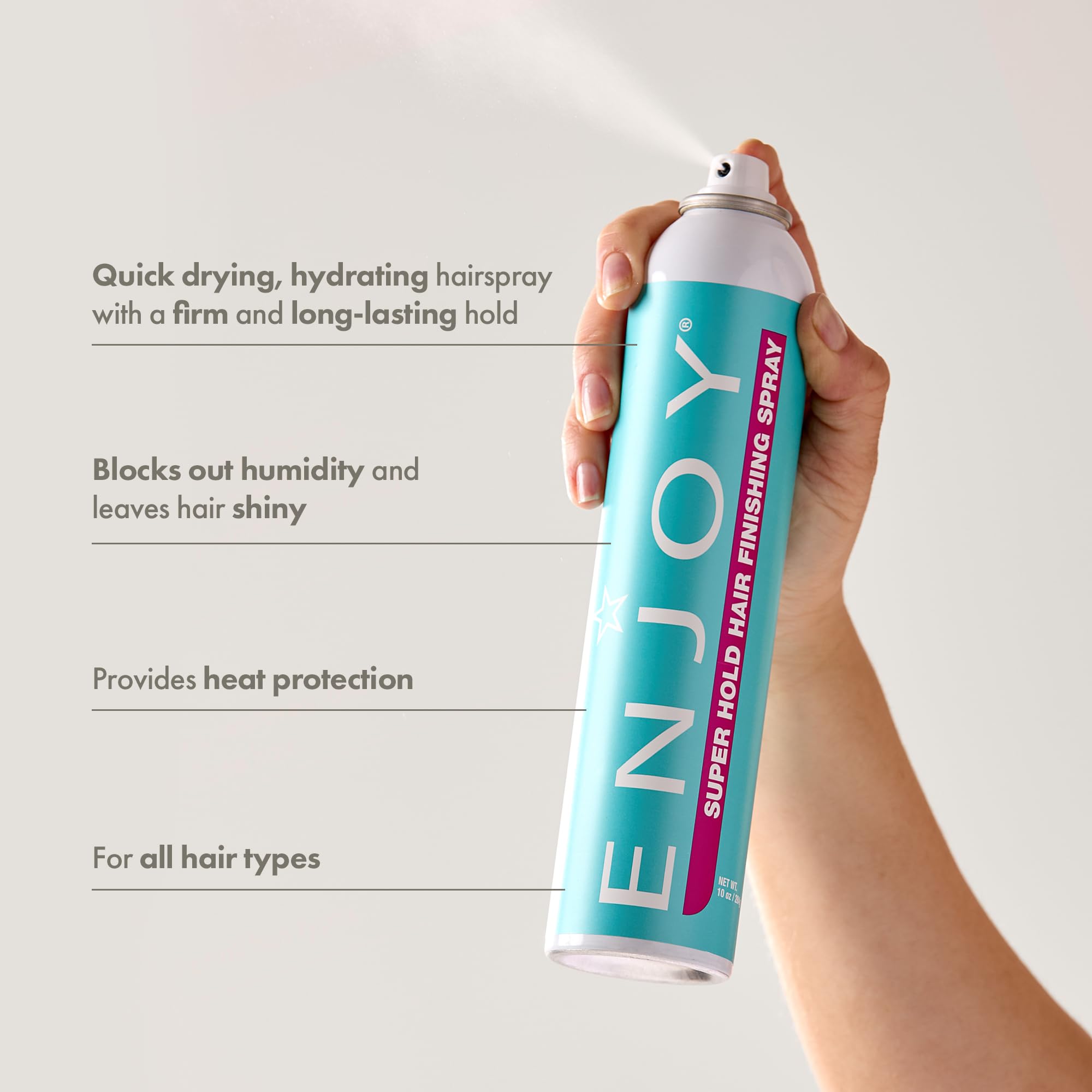 Enjoy Hair Finishing Spray long-lasting hold preserves shape without stiffness.