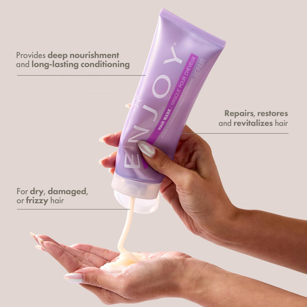 Enjoy Hair Mask 8oz label closeup highlights sulfate-free formula and pH balanced care.