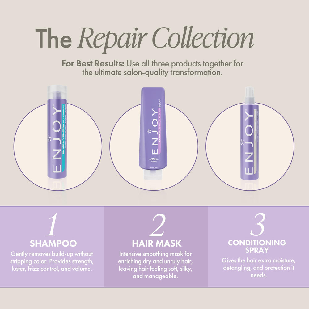 Enjoy Hair Mask 8oz after-wash shine reveals repaired, strengthened strands with less breakage.